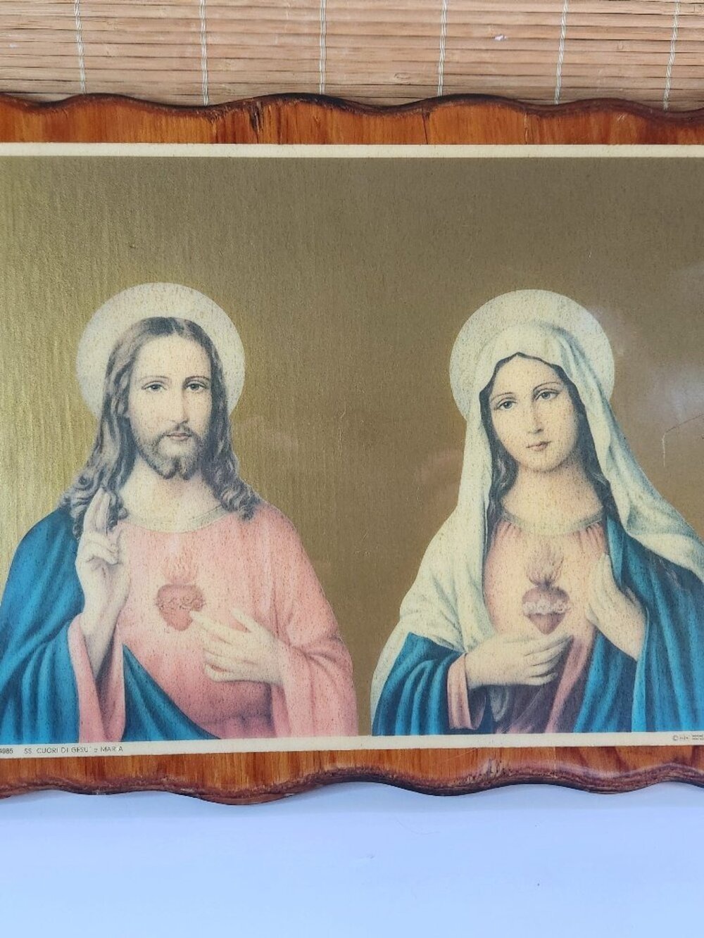 Vintage Italian Sacred Heart Jesus Mary Wood Plaque Ed G.M. Milano Italy